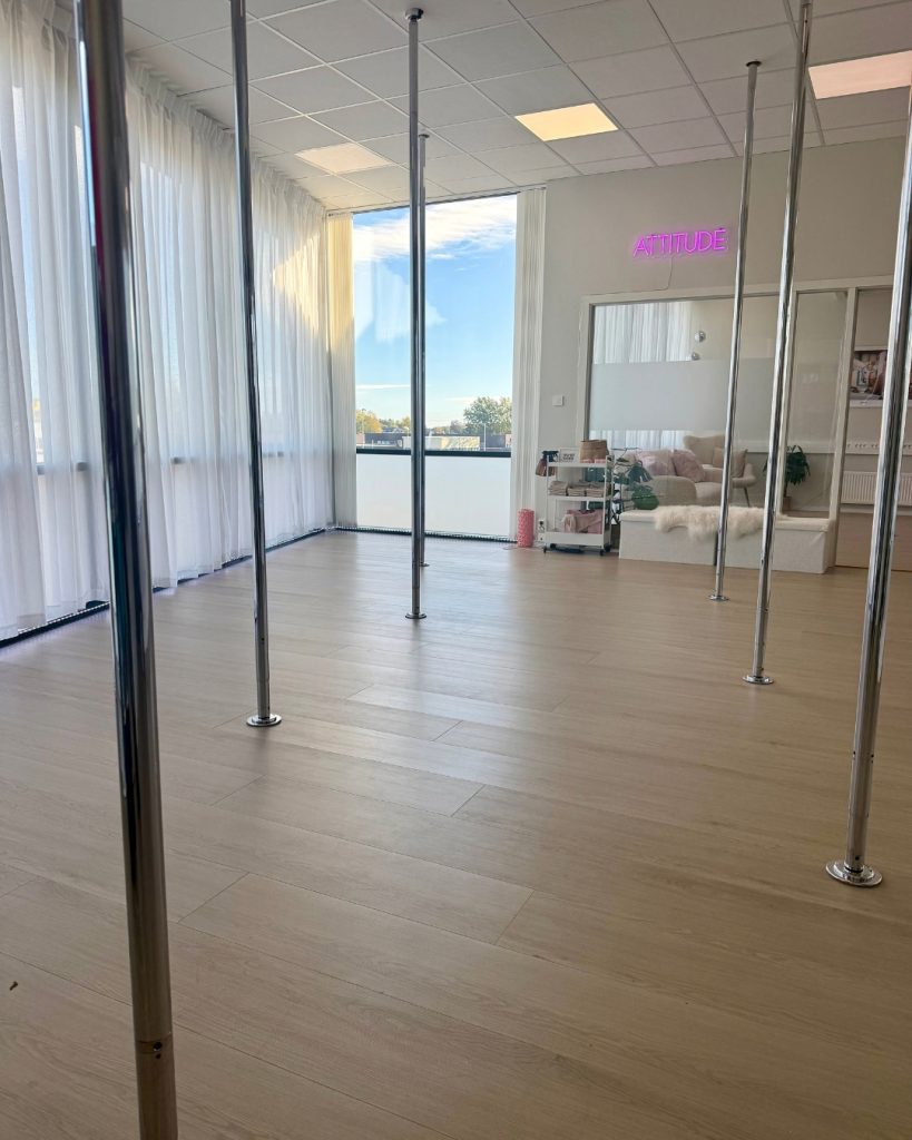 Pole dance studio med store vinduer og treningssttenger hos ATTITUDE Pole Studio i Sandefjord.
